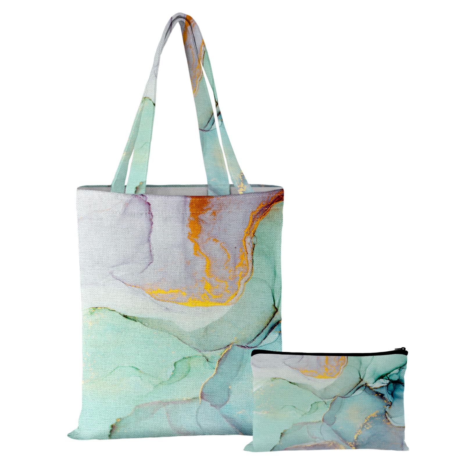 Miseleyio Colorful Marble Canvas Tote Bag & Make Up Bag Aesthetic for Women,Reusable Cloth Cotton Bags Gift